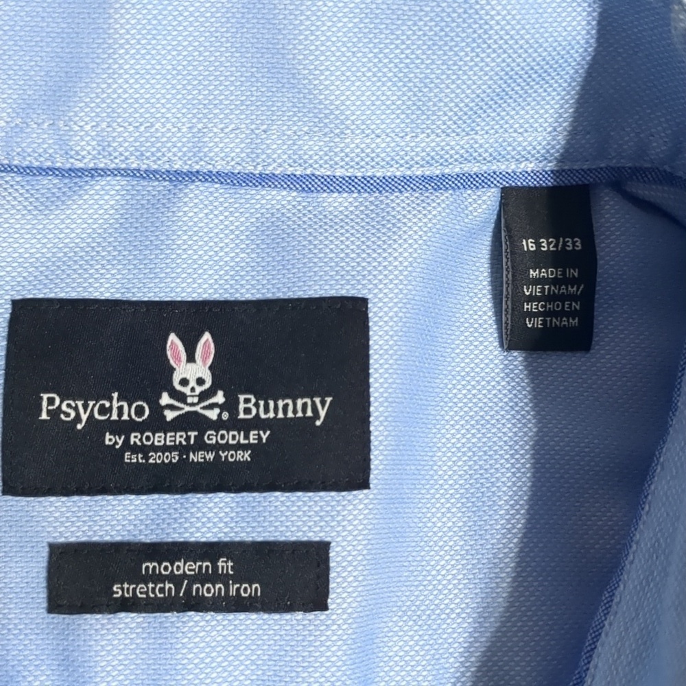 Psycho Bunny By Robert Light Blue Button Up ModernFit Shirt Mens Size 16 32/33 - Picture 3 of 7